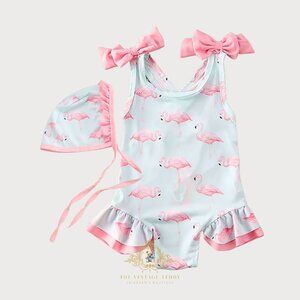 NWT Pretty Girls One-Piece Swimsuit & Hat Swimwear for Kids Pink Flamingo 5-6T